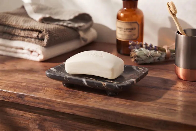 Black Multi Soap Dish, Marble Soap Saver Tray, Heavy Stone Bathroom Counter Organizer